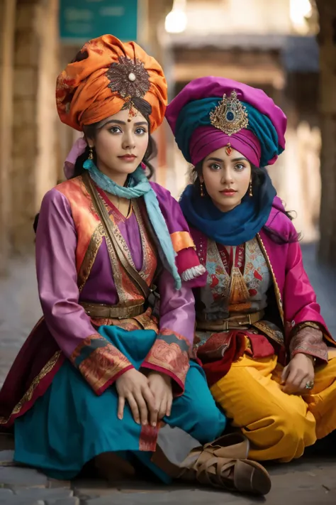 All faces and pictures must be different, two female oen soldiers with colorful robes, sitting,dynamic pose,big eyes,magical world,fantastic world