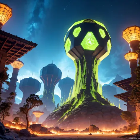 Alien Hexagonal Base (very detailed nipples) In a hexagonal mountain oasis，There are several hexagonal exhaust fans and chimneys, some neon lights projecting from the base，Light up the dark night), There are some clouds in the night sky, Some surrounding p...