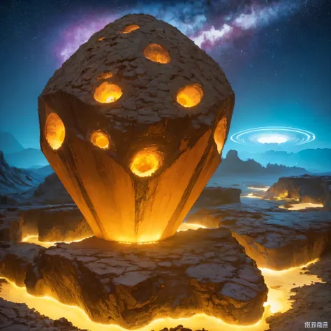 Alien Hexagonal Base (very detailed nipples) In a hexagonal mountain oasis，There are several hexagonal exhaust fans and chimneys, some neon lights projecting from the base，Light up the dark night), There are some clouds in the night sky, Some surrounding p...