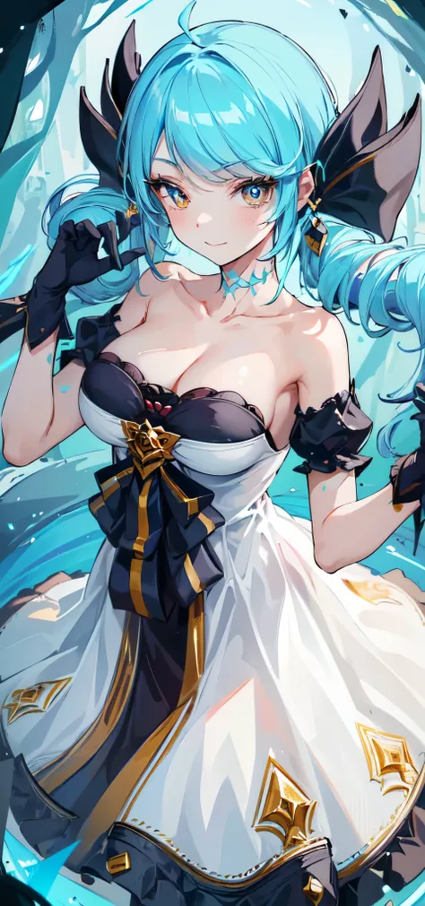 ((masterpiece, best quality)), High resolution, distinct image, (1girl), (solo), (female Focus), light smile, dynamic Pose , (collarbone), (frilled dress, frills, gloves), (white dress) (double drill blue hair 1.2), (yellow eyes), (eyelashes), (large breas...