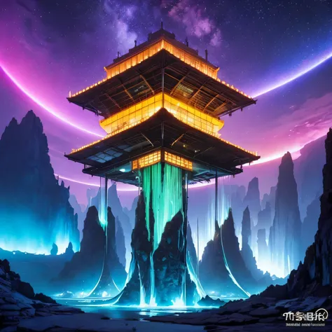 Alien Hexagonal Base (very detailed nipples) In a hexagonal mountain oasis，There are several hexagonal exhaust fans and chimneys, some neon lights projecting from the base，Light up the dark night), There are some clouds in the night sky, Some surrounding p...