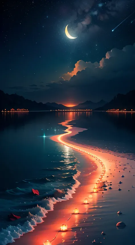 crescent moon over sea, The white beach road is covered with red rose beads, As estrelas , As estrelasry sky, glowworm, Water bubbles, in style of hayao miyazaki, Romantic flowers, 8K high-definition, cg render