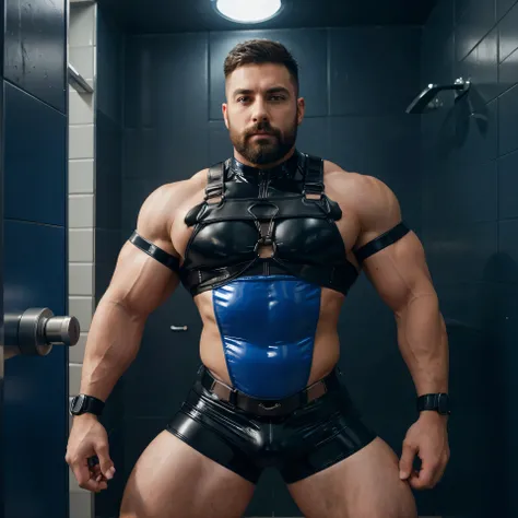 Hommes gays barbus sexy aux cheveux courts avec de gros muscles et une combinaison et un harnais en néoprène cobalt dans une salle porno