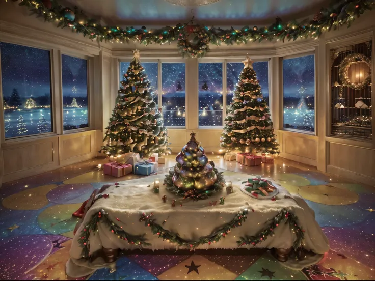 (Masterpiece: 1.2), (Long shot: 1.8), Vibrant colors, magical atmosphere, whimsical, ((starry sky with North Star shining)), (European style interior house, Christmas decorations, fireplace with residual warmth , colored lights hanging on the stairs, gifts...