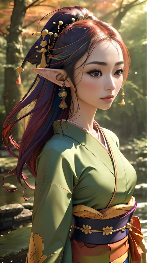 (super elaborate CG Unity 8K wallpaper), (masterpiece:1.2), (highest quality), (realistic:1.37), geisha, kimono, dance, elf, pointed ears, (best quality,4k,8k,highres,masterpiece:1.2), ultra-detailed, (photo-realistic:1.37), autumn Japan forest, vibrant co...