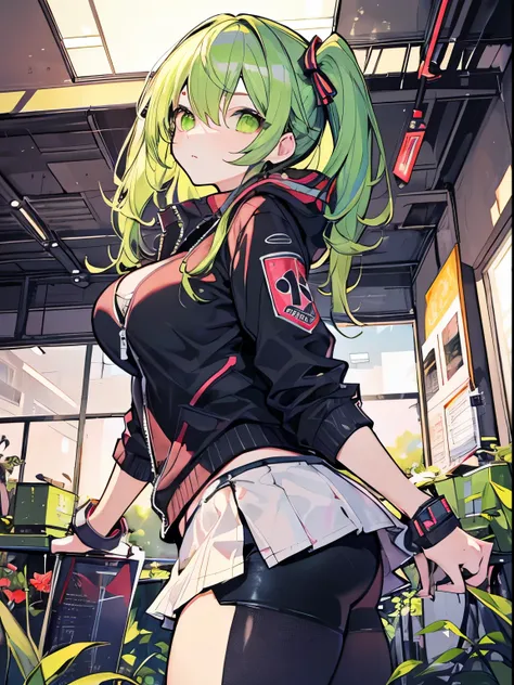 best qualtiy, 超A high resolution, A detailed face, A detailed eye, ((green color:1.3)), 1girll, Beautuful Women, large full breasts, jaket, a miniskirt, rcasual,