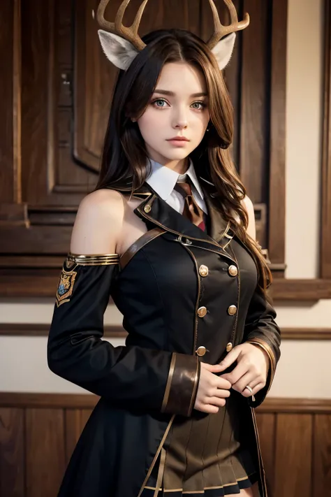 (1Girl 19yo, russian model face), (((Shoulder-Length Brown Hair))), (two cute little (short) deer horns in her head), ((Wearing black steampunk academy uniform,))