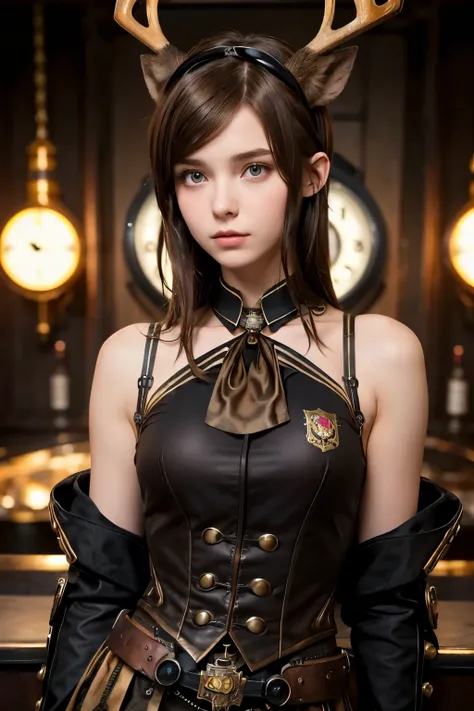 (1Girl 19yo, russian model face, shy), (((Shoulder-Length Brown Hair))), (two cute little (short) deer horns in her head), ((Wearing black steampunk academy uniform,))