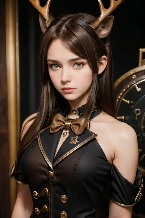 (1Girl 19yo, russian model face, shy), (((Shoulder-Length Brown Hair))), (two cute little (short) deer horns in her head), ((Wearing black steampunk academy uniform,))