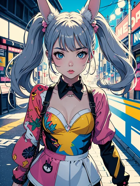 Create digital artwork in pop art style、Features a detailed bunny girl、Street fashion、Movie color schemes、Surrounded by vintage rabbit motifs、Vivid brush strokes、Emotions must be dynamic、Upper body、Drawing、Illustration、grayscales、Tropical、Many rabbits、