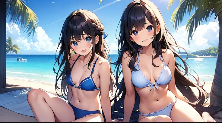 ((4K、8K、top-quality、Perfect fingers: 1.perfect anatomia: 1.3、Background blur))、((10yaers old、Lori、small tits 、cute big droopy eyes、stright long hair、a beautiful slender girl、The best smile with open mouth))、（swim wearsを着た2人の女の子、sitting in a row at equal in...