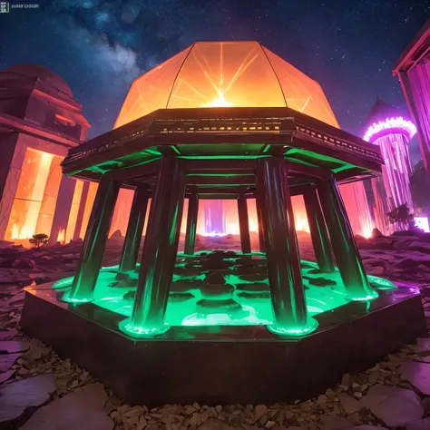 Alien Hexagonal Base (very detailed nipples) In a hexagonal mountain oasis，There are several hexagonal exhaust fans and chimneys, some neon lights projecting from the base，Light up the dark night), There are some clouds in the night sky, Some surrounding p...