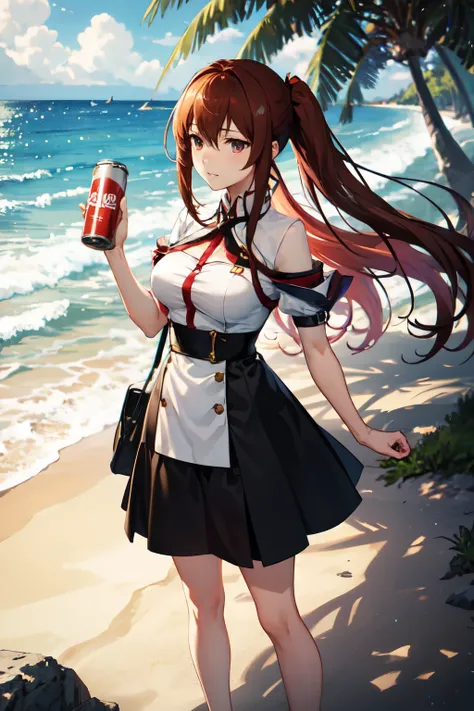 "Kurisu Makise stands on a sunlit beach, her expression a blend of curiosity and contemplation. In her hand, she holds a can of DK Pepper, the breeze tousling her hair as waves gently lap the shore. Amidst the serene seascape, Kurisus scientific mind and t...