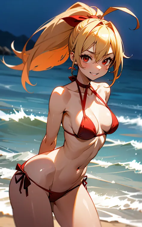 Beautiful woman with perfect body shape、Sway Back Stance、(maikurobikini:1.2)、Sunset beach、Highly detailed facial and skin texture、Blonde ponytail、Red ribbons、Ahoge、big round red eyes、small tits、A slight smil、Laugh