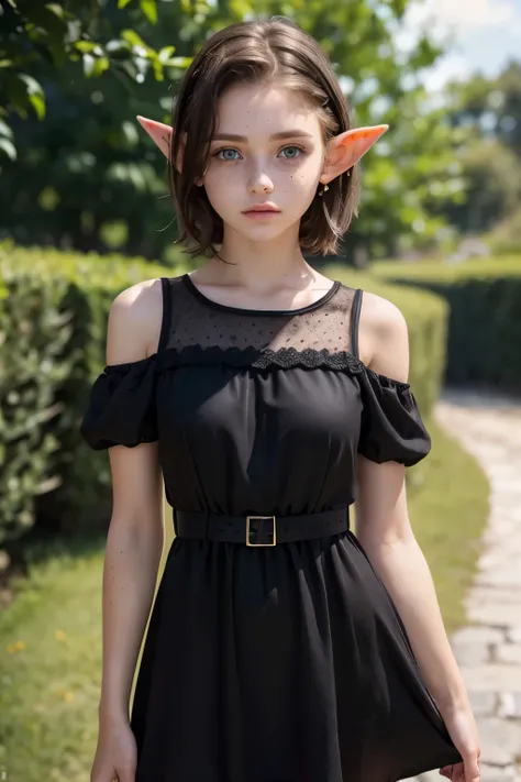 (1Girl (Elf), 19yo, (russian model face with cute freckles), ((shy, petite))), brown eyes, ((Short dark hair)), ((Wearing black dress,))