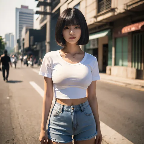 professional, realistic, high level of detail, full body photo of 18 years old woman, korean, tight shorts, (white crop top t-sh...