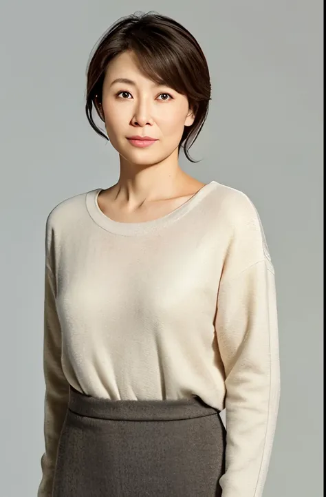 Pale solid color background,japanese mature, 25-years old, Beautie, 独奏, Close your mouth and look straight ahead with a serious expression,  (((Stand upright, facing the center of the screen.))), Sweater for tank top, skirt by the, hight resolution, high-l...