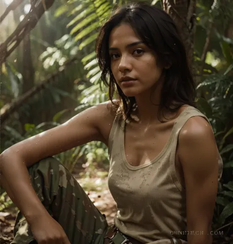 Hermosa mujer soldado, Cara latina, Altamente detallado face, mexican characteristics, dark skin, realista skin, brown eyes, Pelo negro corto, Camiseta sin mangas blanca manchada de barro, He wears light brown military pants.., Belt with ammunition, sostie...