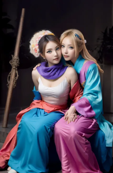 All faces and pictures must be different, two female oen soldiers with colorful robes, sitting,dynamic pose,big eyes, magical world,fantastic world