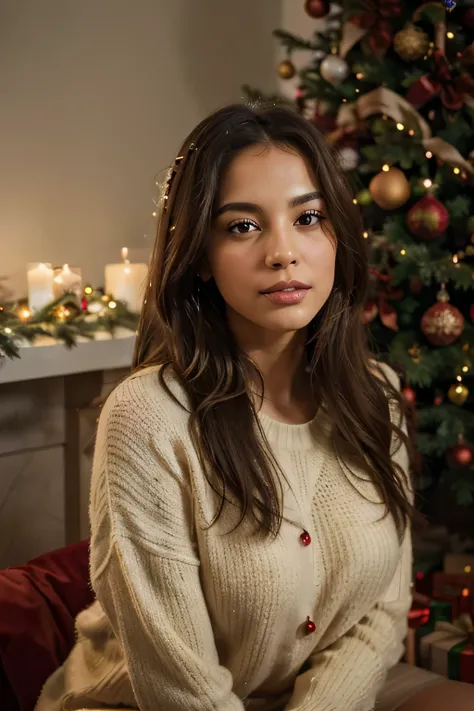 A sexy cuban girl in a red Christmas sweater stands near a beautifully decorated Christmas tree. Her detailed eyes and face radiate beauty and elegance. Her long eyelashes accentuate her captivating gaze. The vibrant red hue of her sweater contrasts with t...