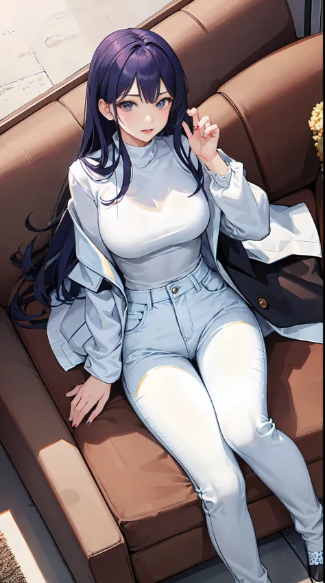 4k高清，1个Giant Breast Girl, 独奏, She wore a white coat，Wear jeans，perfect thighs，sitting in the couch，spread your legs wide，Perfect hand for hair removal