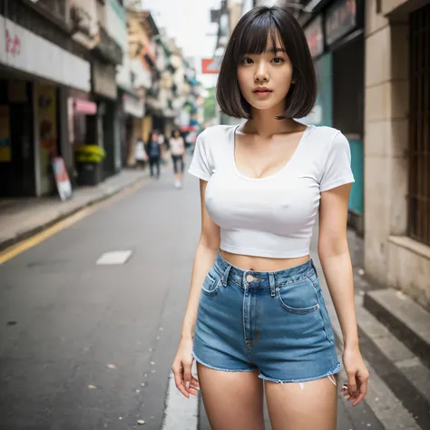 Professional, realistic, High level of detail, Full body photo of 18 years old woman, korean, Tight shorts jeans, (White crop top t-shirt:1.3_MUST), (glossy black hair in blunt bob:1.3), full body, Standing posing for a photo, on a street, photogrnic pose,...