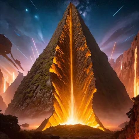 Alien Hexagonal Base (very detailed nipples) In a hexagonal mountain oasis，There are several hexagonal exhaust fans and chimneys, some neon lights projecting from the base，Light up the dark night), There are some clouds in the night sky, Some surrounding p...