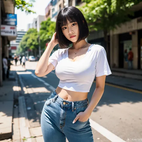 Professional, realistic, High level of detail, Full body photo of 18 years old woman, korean, Tight shorts jeans, (White crop top t-shirt:1.3_MUST), (glossy black hair in blunt bob:1.3), full body, Standing posing for a photo, on a street, photogrnic pose,...