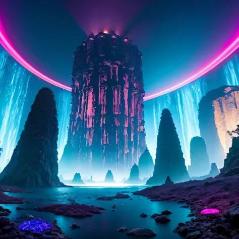 Alien Hexagonal Base (very detailed nipples) In a hexagonal mountain oasis，There are several hexagonal exhaust fans and chimneys, some neon lights projecting from the base，Light up the dark night), There are some clouds in the night sky, Some surrounding p...