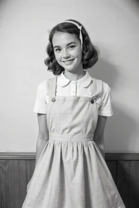 {{1950s}} photo, monochrome photograph, (middle school girl wearing pinafore dress, masterpiece, RAW photo), smiling, (sfw), {blush on cheeks}, (blue eyes), {{vintage style hair, American girl}}