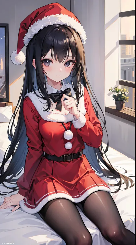 (8K、Top image quality、top-quality、​masterpiece)、A detailed face、1 girl in、A dark-haired、Long、black eyes、A slight smil、Moderately breasts、Santa Hat、santa costume、a miniskirt、black pantyhose、cowboy  shot、((natta))、window、yuki、sit on a bed、bedroom background