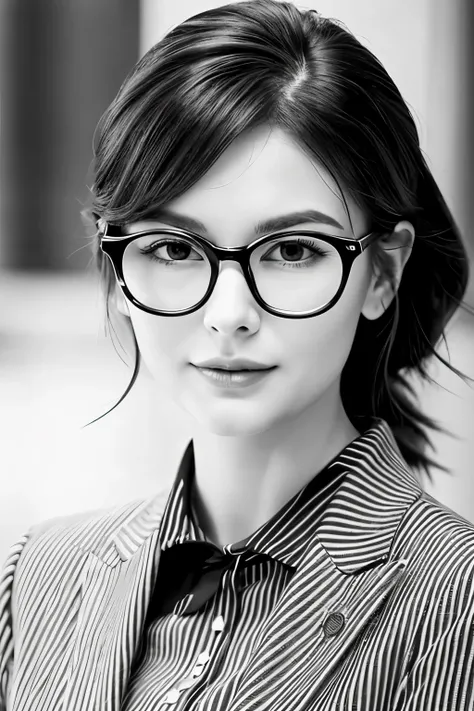 Generate a line art logo of a woman wearing glasses, exuding elegance and sophistication. The lines should be delicate, capturing a refined impression in the womans hairstyle and facial expression. Ideally, the logo should be in a square shape, contained w...