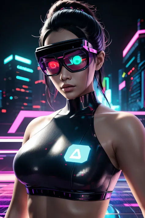 asian mind hacker girl wearing augmented reality glasses，（pixelart），（retro aesthetic）：1.2，Fascinating charm，Delicate block texture，limited palette，Digital design，12-bit style，neonlight，（Vibrant glow）：1.2，Dynamic colors，Amazing contrast，Future vibe，electric...