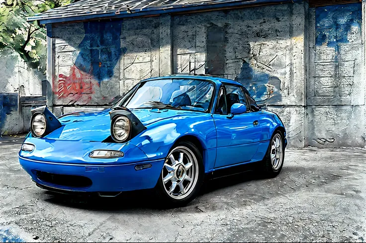 the allafard blue porsche 964 is parked in front of the garage, highly detailed hyperreal retro, porsche 964, porsche 964,, ultr...