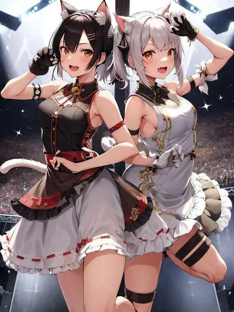 masutepiece, Best Quality, hight resolution, Maemik, Short hair, Ponytail, tusk, Animal ears, Cat tail, Hair Ornament, Hair Ribbon, medium breasts, Dress, Sleeveless, arm strap, frilld, layered Dress, animal hands, gloves, Standing, Cowboy Shot, PAW Pose, ...