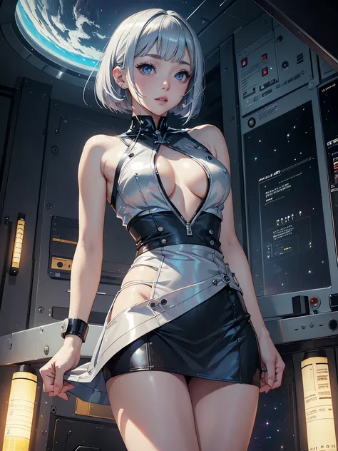 ((SFW、masuter piece、Best Quality、masutepiece、top-quality、Highest Standards、Top image quality、1人の女性、Attractive woman、beautiful bright silver hair、bob cuts、intense dark blue eyes、Strong highlights of the eyes、Perfect Anatomy、Dynamic lighting、lipgloss))、(Raw ...