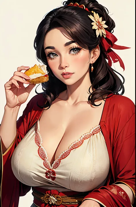 ((masterpiece)), (best quality), (cinematic), watercolor painting, 1girl, mature woman, milf, Christmas Day, dress, large breasts, long thick eyelashes, cleavage, full lips,long thick hair, sexy pose, soft smile, high ponytail, accessories,50 years old wo...