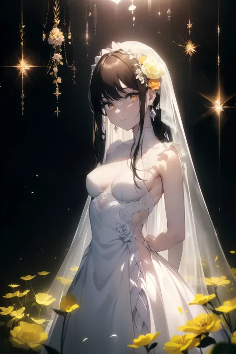 ((((Obra maestra, La mejor calidad, ultrahigh resolution)))), 1girl, standing, ((wearing a white wedding dress)), (long black hair in view, long hair:0.9, in frame), pale skin, ((brown eyes)), (glowing_eyes, luminescent eyes), (ultra detailed eyes:0.7, bea...