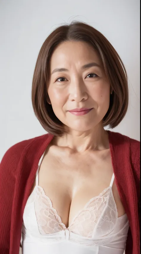 (((Solo))), Elderly Mature Woman, Pure white background, gravure, facing front, ((Center the screen)), Wearing a small bra, Correctly depict lips,red-lips, Fancy makeup, from the chest up, masuter piece, Best Quality, Ultra-detailed, Photorealistic, Ultra-...