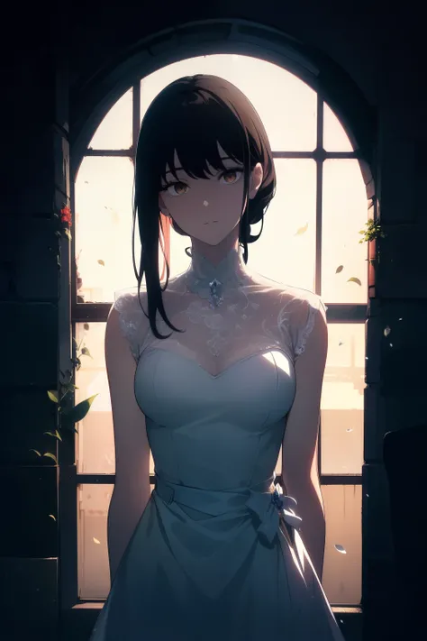 ((((Obra maestra, La mejor calidad, ultrahigh resolution)))), 1girl, standing, ((wearing a white wedding dress)), (long black hair in view, long hair:0.9, in frame), pale skin, ((brown eyes)), (glowing_eyes, luminescent eyes), (ultra detailed eyes:0.7, bea...