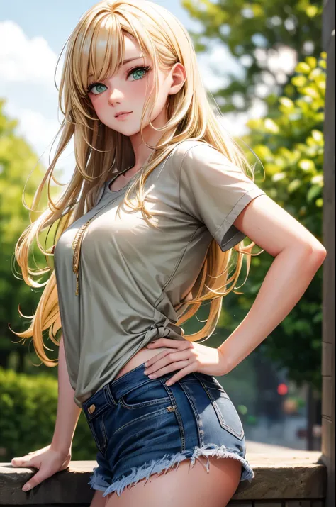 Blonde hair, green eyes, casual attire, dynamic pose, close-up, natural lighting, confident expression, bokeh background, high resolution, butt