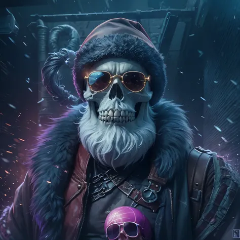 arafed image of a santa claus, skull, with sunglasses and a purple banner, actual photo, 🇺🇦, 🚿🗝📝, real atmosphere, real photo, 🐝👗👾, stu_dts, the best ever, purple magic, real ungine, crazy atmosphere, inspired by Sava Šumanović, purple glow, leon tukker, h...