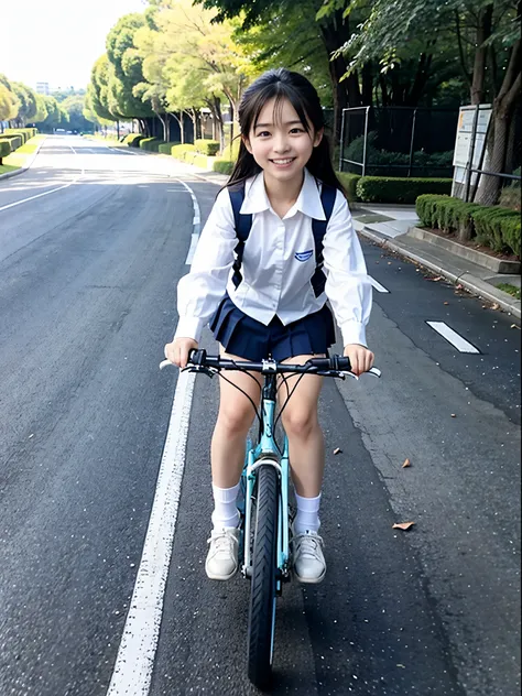 8K、Top image quality、​masterpiece、17 age、1little girl、Japanese high school students、Summer Uniforms、blue-sky、Road bike、Ride a bike and feel the wind、Expressing the speed and dynamism of a bicycle、