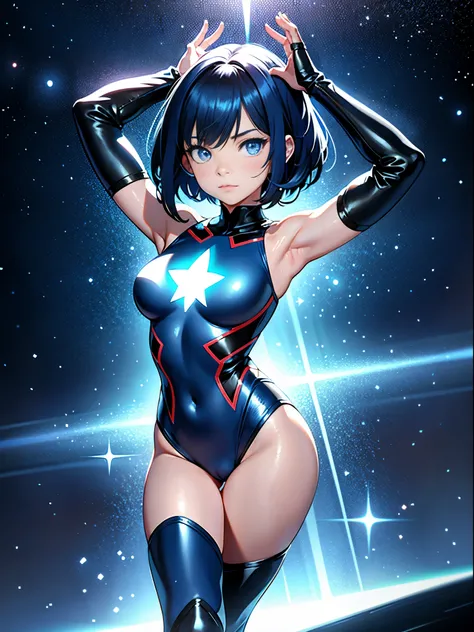 1girl, superhero, leotard, bare legs, boots, matching boots, dark blue hair, dark blue eyes, star symbol on chest, bob hair, medium breasts, light particles, aura, blue aura, stand, standing, space backdrop, magic, arms raised in the air, beautiful detaile...