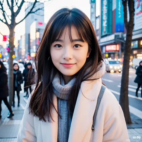 Photorealsitic, 8k full-length portraits, Beautuful Women, A charming expression, sixteen years old, TOKYOcty, Winters, Shibuya in the background