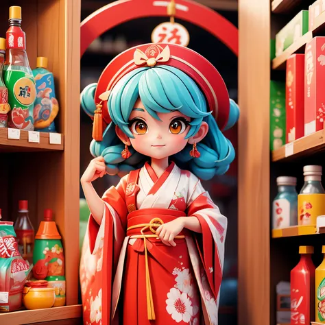 A girl wearing a shrine maiden costume is enjoying shopping at the supermarket.