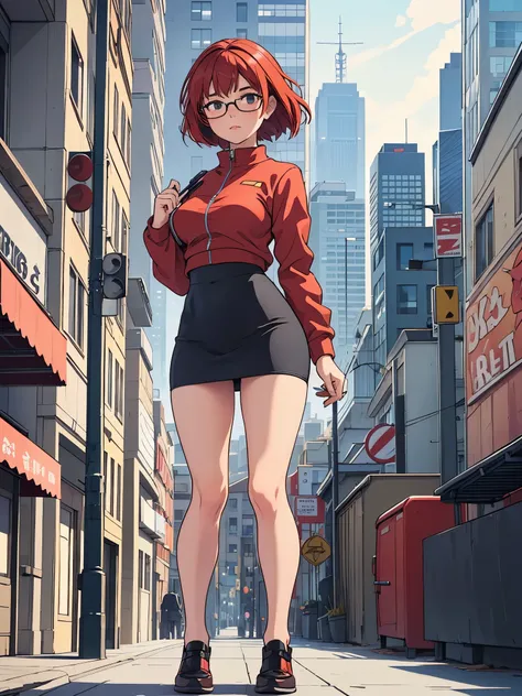 1girl, medium breasts, leotard, bare legs, shoes, matching shoes, city backdrop, solo, single, standing, full body shot, cowboy shot, beautiful detailed eyes, mature lady, glasses, military officer, suit, pencil skirt, miniskirt, red hair