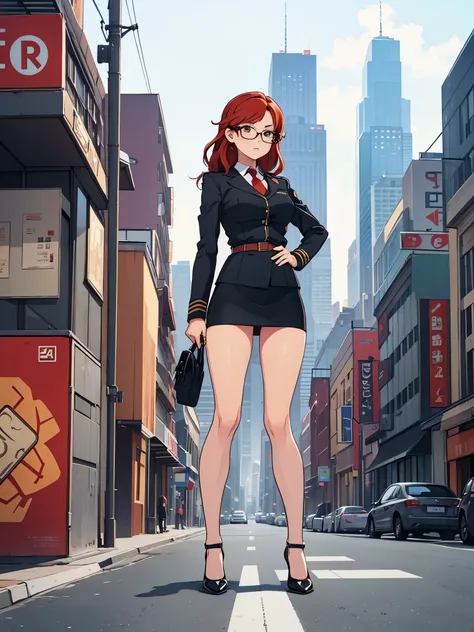 1girl, medium breasts, leotard, bare legs, shoes, matching shoes, city backdrop, solo, single, standing, full body shot, cowboy shot, beautiful detailed eyes, mature lady, glasses, military officer, suit, pencil skirt, miniskirt, red hair