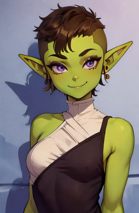 Short beautiful young goblin woman with green skin and a small figure. She has short brown hair shaved on the sides. Smiling, purple eyes