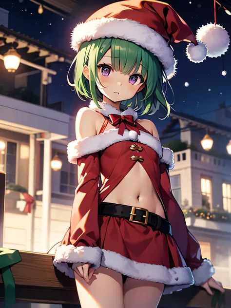 top-quality、extremely delicate and beautiful、(A teenage girl)、Purple Eye、Green hair、small tits、short-haired、(Purple pointy hat)、Soio、santa costume、Santa Claus clothes、shortsleeves、、Navel、is standing